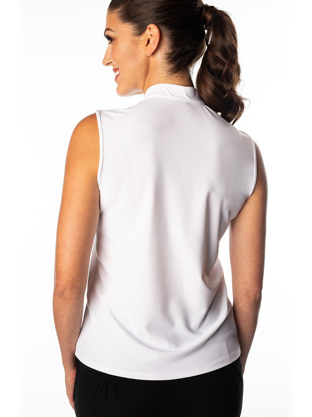 Woman Wearing SwingDish Polly White Sleeveless Polo Product View 2