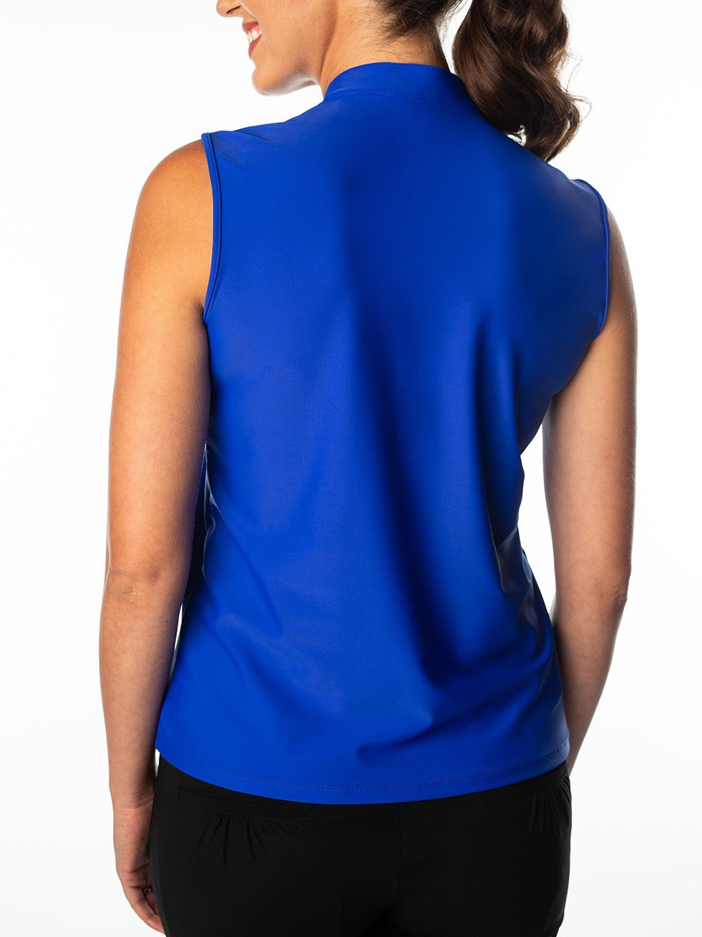 Woman Wearing SwingDish Polly Cobalt Blue Sleeveless Polo Product View 2