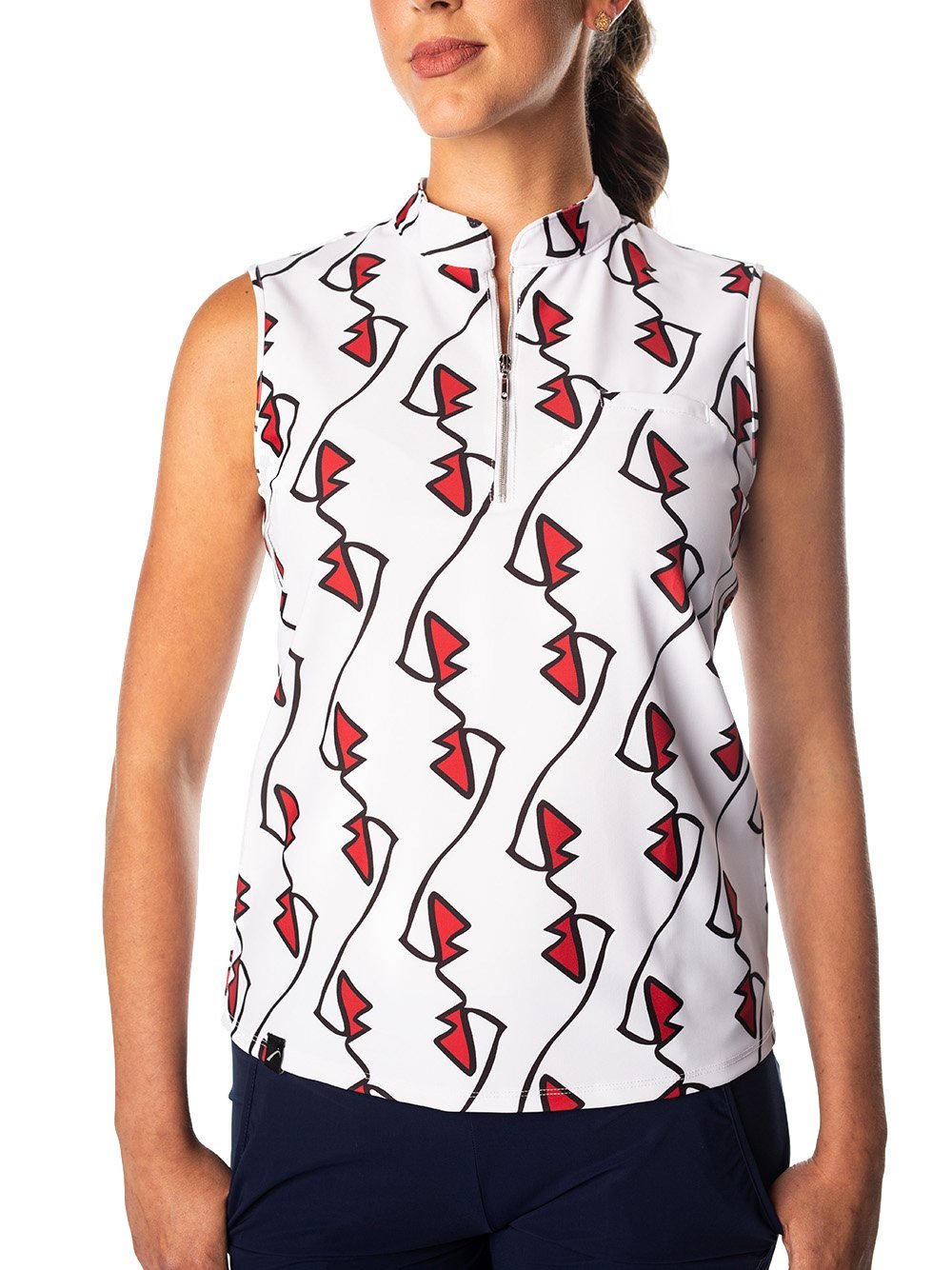 Woman Wearing SwingDish Polly Lip Print Sleeveless Polo Product View 1