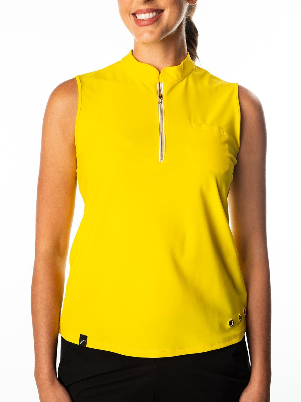 Woman Wearing SwingDish Polly Yellow Sleeveless Polo Product View 1