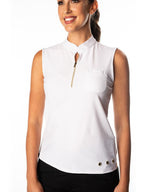 Woman Wearing SwingDish Polly White Sleeveless Polo Product View 1