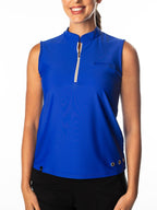 Woman Wearing SwingDish Polly Cobalt Blue Sleeveless Polo Product View 1