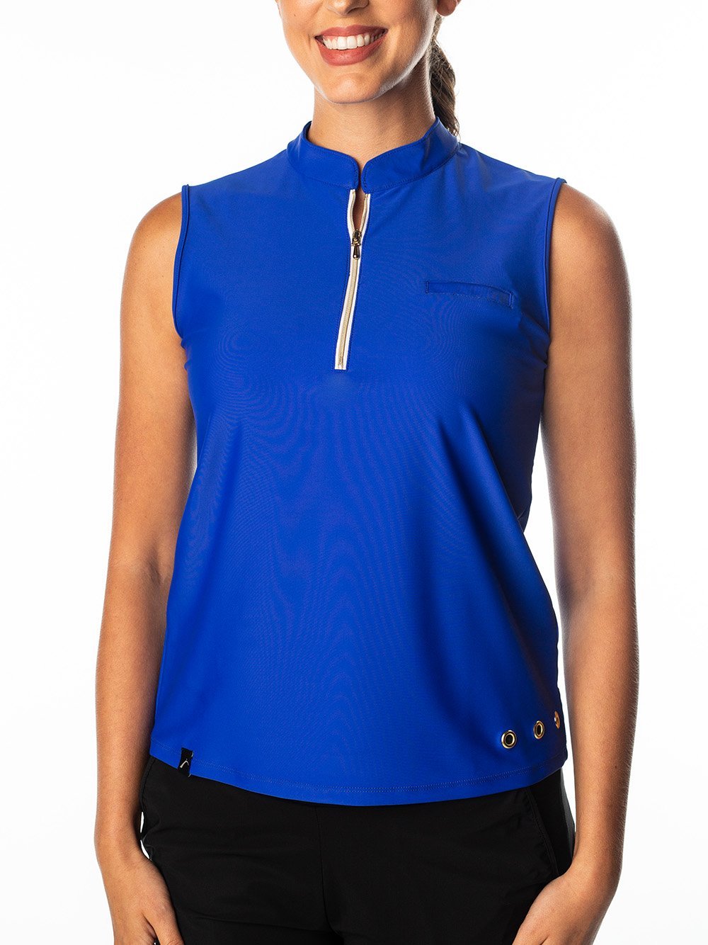 Woman Wearing SwingDish Polly Cobalt Blue Sleeveless Polo Product View 1