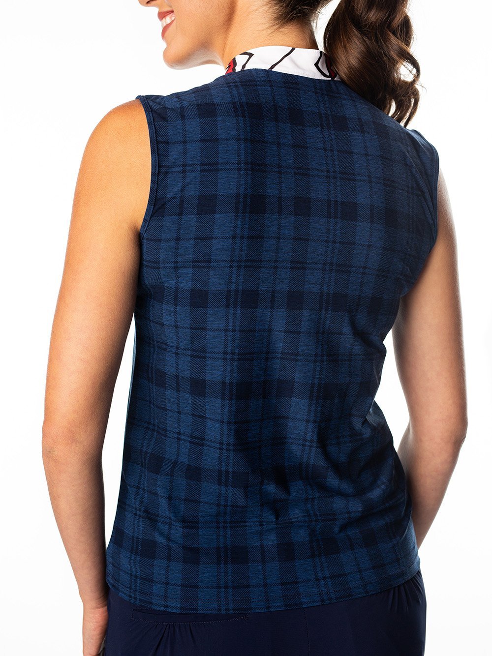 Woman Wearing SwingDish Polly Navy Plaid Sleeveless Polo Product View 2