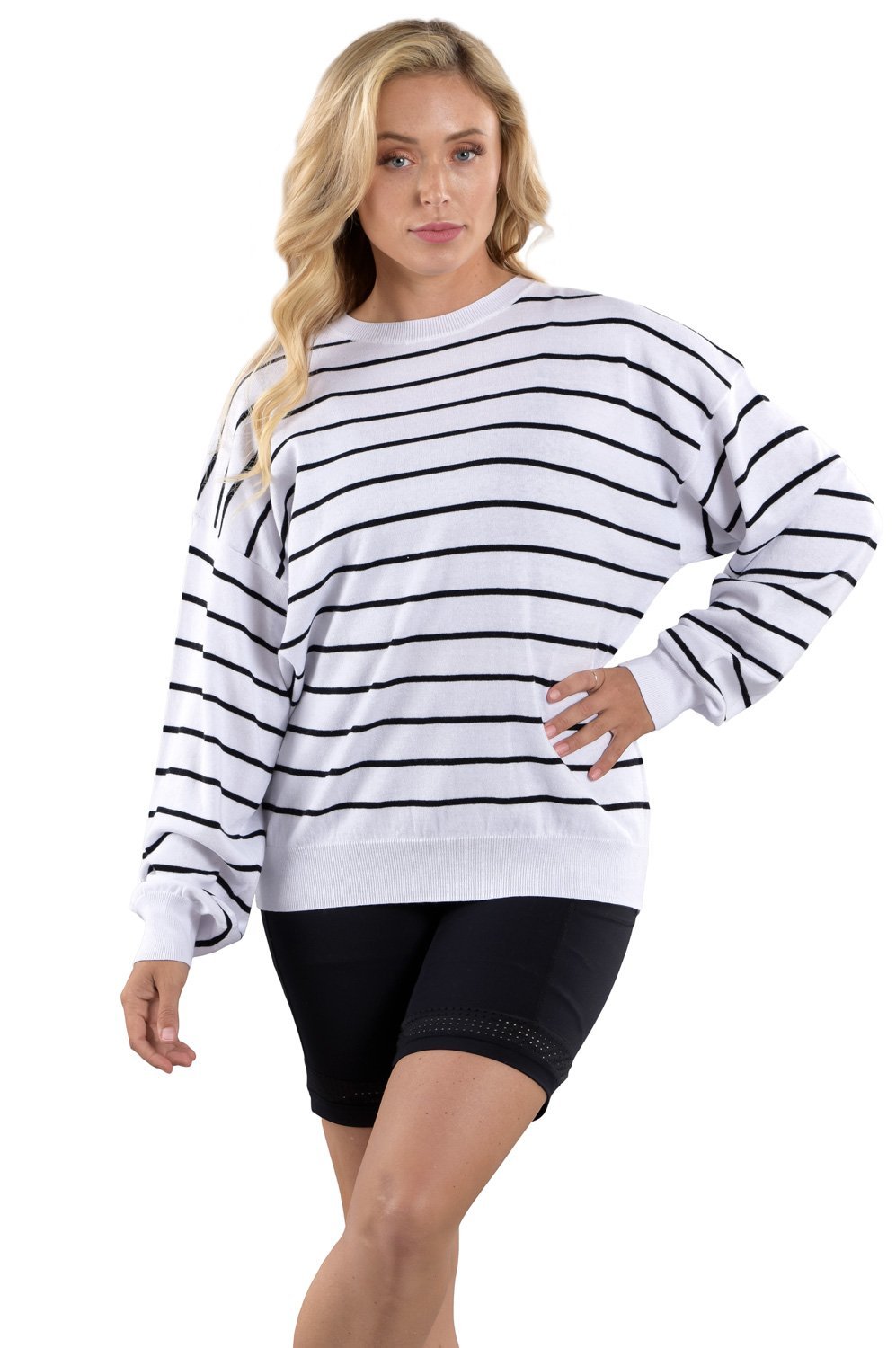 Woman Wearing SwingDish Reagan Sweater - White Product View 1