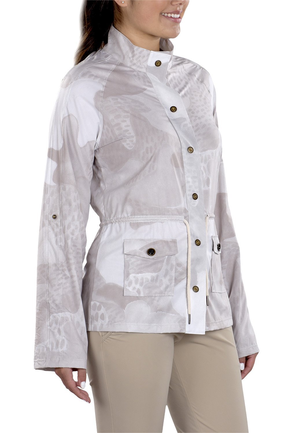 Woman Wearing SwingDish Uma Camo Print Jacket Product View 7