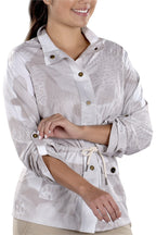 Woman Wearing SwingDish Uma Camo Print Jacket Product View 4