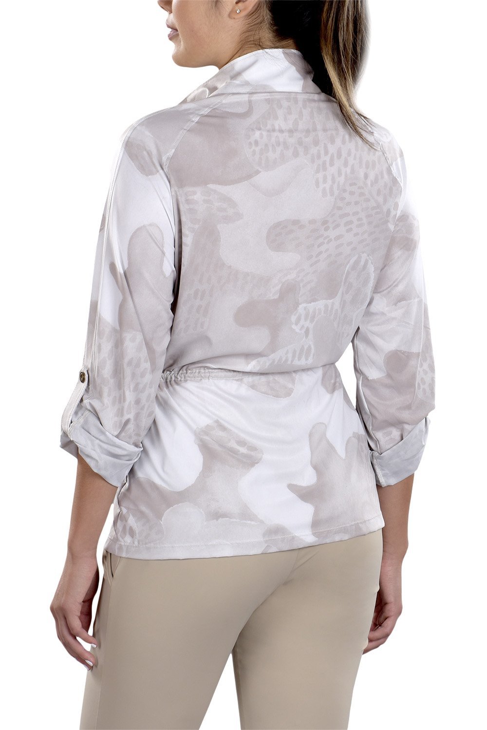 Woman Wearing SwingDish Uma Camo Print Jacket Product View 9