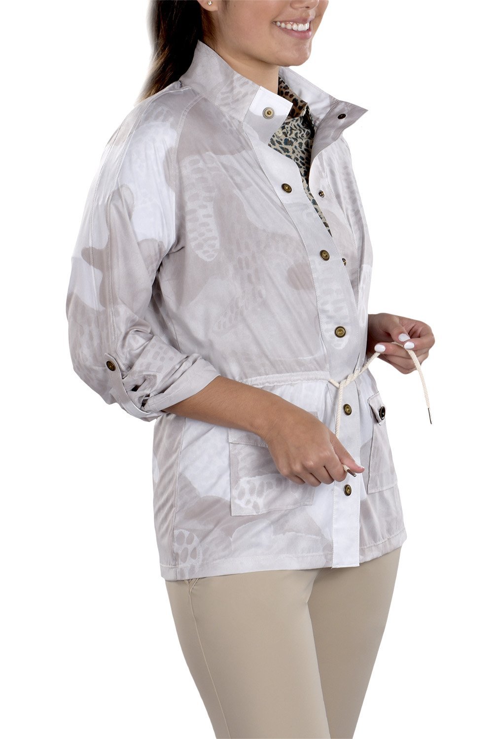 Woman Wearing SwingDish Uma Camo Print Jacket Product View 2