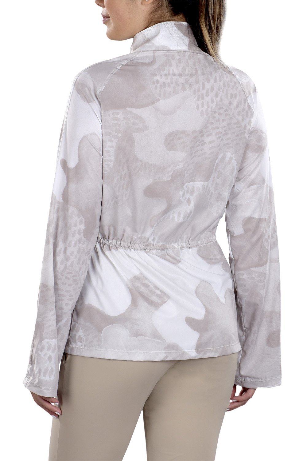 Woman Wearing SwingDish Uma Camo Print Jacket Product View 6