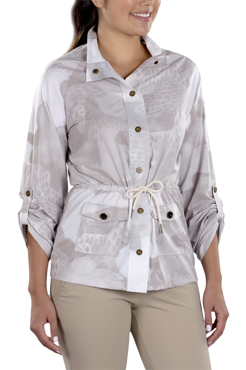 Woman Wearing SwingDish Uma Camo Print Jacket Product View 3