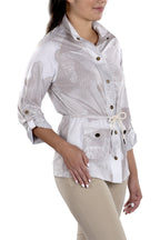 Woman Wearing SwingDish Uma Camo Print Jacket Product View 5